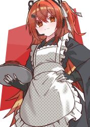 1girl a.i._voice absurdres adachi_rei alternate_costume alternate_hair_length alternate_hairstyle apron arms_up black_dress black_gloves commentary dress enmaided expressionless flat_chest frilled_apron frilled_hairband frills from_below gloves hair_between_eyes hair_ribbon hairband hand_on_own_hip hand_up headphones highres holding holding_tray long_hair long_sleeves looking_at_viewer maid maid_headdress noir_(noire6959) red_background revision ribbon solo tray utau white_apron white_background white_gloves white_hairband white_ribbon