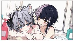 2girls :3 animal_ear_fluff animal_ears asami-chan black_hair blue_eyes blush cat_ears cat_girl collarbone grey_hair hand_in_another&#039;s_hair highres hololive hololive_english hololive_indonesia kemonomimi_mode long_hair multicolored_hair multiple_girls shared_bathing shiori_novella signature soap_bottle soap_bubbles split-color_hair vestia_zeta virtual_youtuber wet white_hair yellow_eyes