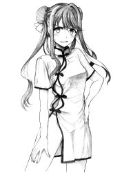 1girl absurdres alternate_hairstyle bun_cover china_dress chinese_clothes cowboy_shot double_bun dress greyscale hair_bun hand_on_own_hip hand_on_own_thigh highres kantai_collection monochrome naganami_(kancolle) smile solo tsuji_kazuho two_side_up