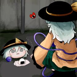 2girls black_hat eyeball floral_print food frilled_sleeves frills green_eyes green_hair green_skirt hat hat_ribbon heart heripantomorrow kneeling komeiji_koishi multiple_girls onigiri ribbon rose_print shirt skirt third_eye touhou wide_sleeves yellow_ribbon yellow_shirt yukkuri_shiteitte_ne