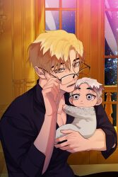 2boys baby blonde_hair blue_shirt carrying_baby carrying_person character_request closed_mouth couch glasses hand_up highres king&#039;s_maker long_hair looking_at_viewer multiple_boys night night_sky open_mouth serious shirt short_hair sitting sky star_(sky) starry_sky white_eyes white_hair window wolfgang_goldenleonard yellow_eyes