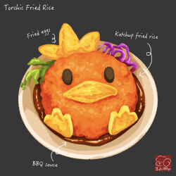 arrow_(symbol) artist_logo artist_name character-themed_food character_name food food_focus food_name fried_egg fried_rice gen_3_pokemon grey_background highres logo nintendo no_humans plate pokemon pokemon_(creature) sauce simple_background torchic yuki00yo