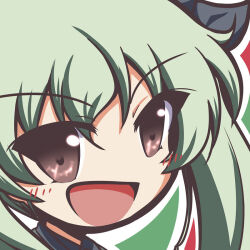 Rule 34 | 1girl, :d, anchovy (girls und panzer), anzio military uniform, black shirt, blush, chibi, deformed, dress shirt, drill hair, eyes visible through hair, fictional sister, girls und panzer, green hair, grey jacket, hair between eyes, hair ornament, hair ribbon, jacket, jodhpurs, long hair, long sleeves, looking at viewer, military, military uniform, necktie, no nose, open mouth, pants, red eyes, ribbon, shirt, simple background, smile, solo, twin drills, twintails, upper body