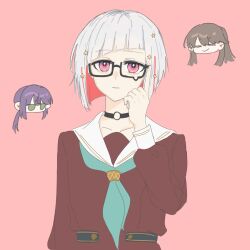 &gt;:) 3girls =_= aqua_neckerchief black-framed_eyewear bob_cut brown_dress brown_hair chibi chibi_inset closed_eyes closed_mouth commentary diagonal_bangs dress fujishima_megumi glasses green_eyes hair_ornament hasu_no_sora_school_uniform highres inverted_bob jitome link!_like!_love_live! long_hair long_sleeves love_live! low_ponytail multicolored_hair multiple_girls neckerchief otomune_kozue parted_lips pink_background pink_eyes ponytail purple_hair rai_(kn51ll) red_hair sailor_collar sailor_dress school_uniform semi-rimless_eyewear short_eyebrows short_hair simple_background smile solo_focus star_(symbol) star_hair_ornament streaked_hair symbol-only_commentary teardrop-framed_glasses two_side_up under-rim_eyewear v-shaped_eyebrows virtual_youtuber white_hair white_sailor_collar winter_uniform yugiri_tsuzuri