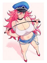 1girl artist_name big_hair breasts celebelian cleavage collar cuffs cutoffs denim denim_shorts final_fight foreshortening handcuffs hat high_heels highres holding holding_whip large_breasts long_hair looking_at_viewer midriff mole mole_on_breast nail_polish navel peaked_cap pink_hair poison_(final_fight) short_shorts shorts simple_background solo tank_top thick_thighs thighs whip