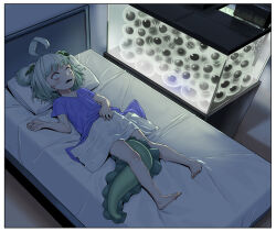Rule 34 | 1girl, agemmata, ahoge, barefoot, bed, bubble hair ornament, colored skin, colored tongue, constricted pupils, fang, fish tank, flat chest, frog egg, frog girl, green hair, green skin, green tongue, highres, hospital bed, hospital gown, huge ahoge, indie virtual youtuber, lying, medium hair, night, on back, open mouth, pillow, rebbi rompin, red eyes, self-upload, shaking, short twintails, skin fang, spiral cheeks, sweat, tadpole, tadpole tail, thick eyebrows, towel, traumatized, twintails, virtual youtuber