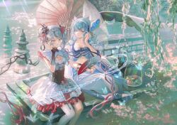 2girls black_eyes black_flower blake_bloom_(wuthering_waves) blue_dress blue_eyes blue_hair bodice breasts camellya_(wuthering_waves) cangchen commentary dress flower folding_fan food hair_flower hair_ornament hair_vines hand_fan highres holding holding_fan long_hair multiple_girls official_alternate_costume oil-paper_umbrella red_pupils red_umbrella shorekeeper_(wuthering_waves) short_hair sitting small_breasts tacet_mark_(wuthering_waves) tuanshan umbrella white_dress white_hair wuthering_waves