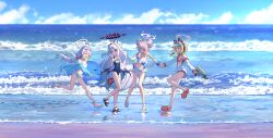 4girls :d ^_^ absurdres alternate_costume animal_ear_headphones animal_ears beach bikini black_horns black_sandals blonde_hair blue_archive blue_jacket blue_one-piece_swimsuit blue_scrunchie blue_sky bow breasts cat_ear_headphones closed_eyes closed_mouth commentary crocs day demon_girl demon_horns demon_wings dorare double_bun fake_animal_ears feathered_wings flat_chest frilled_bikini frills front-tie_bikini_top front-tie_top hair_bow hair_bun halo headphones highres hina_(blue_archive) hina_(swimsuit)_(blue_archive) holding holding_hands holding_swim_ring holding_water_gun horns hoshino_(blue_archive) hoshino_(swimsuit)_(blue_archive) inflatable_toy inflatable_whale innertube jacket long_hair long_sleeves low-tied_sidelocks low_twintails low_wings medium_breasts mika_(blue_archive) momoi_(blue_archive) multiple_girls navel ocean official_alternate_costume old_school_swimsuit one-piece_swimsuit one_side_up open_clothes open_jacket open_mouth pink_bikini pink_hair pink_halo puffy_long_sleeves puffy_sleeves purple_eyes purple_halo purple_wings red_bow sandals school_swimsuit scrunchie sidelocks sky small_breasts smile striped_bikini striped_clothes swim_ring swimsuit teeth toes twintails upper_teeth_only very_long_hair visor_cap water_gun white_bikini white_jacket white_sandals white_wings wings wrist_scrunchie