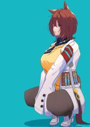 1girl agnes_tachyon_(umamusume) animal_ears black_necktie black_pantyhose black_shirt blue_background breasts brown_hair coat collared_shirt expressionless hair_between_eyes hashtag-only_commentary high_heels highres horse_ears horse_girl horse_tail huge_breasts lab_coat long_sleeves looking_at_viewer necktie nekomeharu0608 open_clothes open_coat pantyhose parted_lips red_eyes shirt shoes short_necktie simple_background sleeves_past_fingers sleeves_past_wrists solo squatting sweater tail test_tube umamusume white_coat white_shoes yellow_sweater