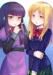 2girls artist_name black_hair blonde_hair blush bow breasts brown_eyes candy commentary dress food hair_ornament hidaka_koharu high_score_girl hime_cut lollipop long_hair long_sleeves looking_at_viewer multiple_girls oono_akira purple_dress red_bow ribbon skirt standing takuyarawr