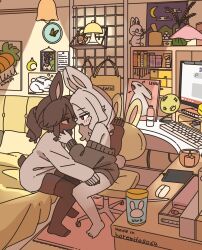 2girls airpods animal_ears barefoot bedroom black_thighhighs blush bottle brown_hair candle chair charging_device clock computer_keyboard eye_contact fang furry furry_female furry_with_furry grey_hair grey_sweater heart highres lamp long_hair looking_at_another monitor multiple_girls off-shoulder_sweater off_shoulder office_chair on_bed open_mouth original poster_(object) rabbit_ears sitting smile sweater swivel_chair thighhighs white_sweater wireless_earphones yagi_(mike_no_hito) yuri