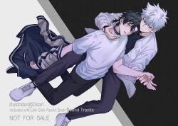 Rule 34 | 2boys, black background, black hair, black pants, black shirt, black shoes, blue collar, blue eyes, blue jacket, cheng xiaoshi, closed mouth, collar, collared shirt, dsarl995595, english text, full body, hair between eyes, hand on another&#039;s neck, highres, holding another&#039;s wrist, holding hands, invisible chair, jacket, kneeling, letterman jacket, long sleeves, looking at another, lu guang, male focus, multicolored jacket, multiple boys, open clothes, open jacket, open mouth, pants, ponytail, shiguang dailiren, shirt, shoes, short hair, short ponytail, short sleeves, sitting, sneakers, twitter username, two-tone background, unworn jacket, watch, white background, white hair, white shirt, white shoes, wristwatch, yaoi, yellow eyes