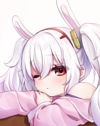 1girl animal_ears azur_lane blue_camisole camisole closed_mouth commentary_request fake_animal_ears hair_between_eyes hair_ornament hairband hand_on_own_arm jacket jewelry kakuzatou_(lump_of_sugarr) laffey_(azur_lane) long_hair looking_at_viewer one_eye_closed pink_jacket rabbit_ears red_eyes red_hairband ring solo strap_slip twintails upper_body white_hair