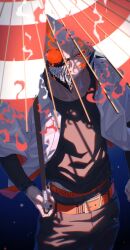 Rule 34 | 1boy, absurdres, belt, black nails, black shirt, dandadan, delinquent, eyebrow piercing, fangs, gon oekaki, highres, holding, holding umbrella, male underwear, mask, mouth mask, oil-paper umbrella, piercing, red belt, red eyes, red umbrella, shirt, transformation, umbrella, underwear, unji zuma, white hair