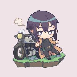 1girl belt belt_pouch black_jacket black_pants bright_pupils brown_coat chibi chibi_only closed_mouth coat colt_1851_navy commentary_request diamond-shaped_pupils diamond_(shape) expressionless full_body grass grey_background gun handgun hermes_(kino_no_tabi) highres holding holding_gun holding_weapon isometric jacket kino_(kino_no_tabi) kino_no_tabi kokuya_(kokuya28) looking_at_viewer motor_vehicle motorcycle open_clothes open_coat pants pouch purple_eyes purple_hair revolver short_hair simple_background smoke smoking_barrel solo symbol-shaped_pupils weapon white_pupils