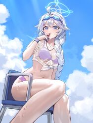 absurdres bikini blue_archive blue_eyes braid chair eyewear_on_head goggles halo highres holding holding_whistle kirino_(blue_archive) kirino_(swimsuit)_(blue_archive) nez_(nez_0_0) on_chair purple_bikini single_braid swim_goggles swimsuit v-shaped_eyebrows wet wet_clothes whistle