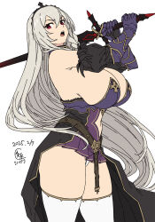 1girl armored_gloves blush breasts clothing_cutout cowboy_shot elbow_gloves gloves greatsword grey_hair highres holding holding_weapon houtengeki huge_breasts long_hair looking_at_viewer navel navel_cutout original purple_gloves red_eyes simple_background solo sword thighhighs thighs weapon white_background white_thighhighs