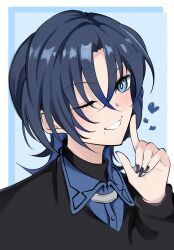 1girl absurdres black_nails black_shirt blue_eyes blue_hair closed_mouth collared_shirt heart highres hiodoshi_ao hiodoshi_ao_(1st_costume) hololive hololive_dev_is kentotto looking_at_viewer nail_polish one_eye_closed shirt short_hair smile solo virtual_youtuber
