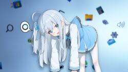 Rule 34 | 1girl, absurdres, black neckerchief, blue dress, blue eyes, cursor, desktop (computing), dress, dsfr, floating, highres, lifting person, long sleeves, looking at viewer, madobe ichika, microsoft windows, neckerchief, pantyhose, sailor collar, solo, spoken o, white hair, white pantyhose, white sailor collar, windows 11