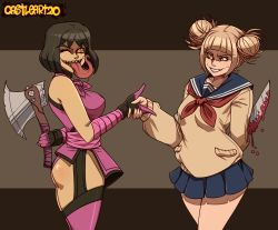 2girls absurdres axe black_hair blonde_hair blood boku_no_hero_academia breasts castleart colored_sclera crossover double_bun hair_bun highres holding_hands knife large_breasts long_tongue looking_at_another mileena_(mortal_kombat) mortal_kombat_(series) multiple_girls orange_sclera short_hair toga_himiko tongue tongue_out