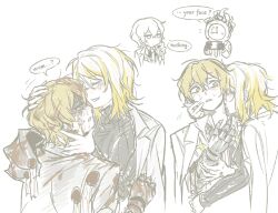 1boy 1girl 1other black_sweater blonde_hair blood blood_on_clothes blood_on_face blood_on_hands blush breasts clock closed_eyes coat coat_on_shoulders crying dante_(limbus_company) english_text faust_(project_moon) fire gauntlets hands_up highres lapels large_breasts licking licking_another&#039;s_neck limbus_company long_sleeves multicolored_hair n_corp._fanatic_(identity)_(project_moon) notched_lapels object_head ohzv open_mouth project_moon sinclair_(project_moon) smile speech_bubble streaked_hair sweat sweater talisman wax_seal white_hair yellow_eyes