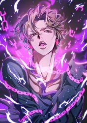 1boy absurdres blonde_hair broken broken_chain chain commentary_request earrings food-themed_earrings food_themed_earrings formal_clothes highres jewelry jojo_no_kimyou_na_bouken male_focus necktie open_mouth pannacotta_fugo pink_eyes purple_haze_feedback purple_necktie solo strawberry_earrings teeth vento_aureo watawata_nr_(siroraku)