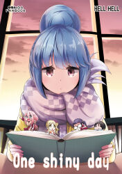 5girls =_= absurdres ahoge black_hair blonde_hair blue_eyes blue_hair blue_scarf blunt_bangs book brown_scarf cardigan closed_eyes closed_mouth double-parted_bangs english_text expressionless fang glasses green_eyes hair_between_eyes hair_bobbles hair_bun hair_ornament highres holding holding_book indoors inuyama_aoi kagamihara_nadeshiko long_hair mini_person multiple_girls n2midori oogaki_chiaki opaque_glasses open_mouth orange_scarf parted_bangs pink_hair pointing purple_eyes purple_hair purple_scarf red_track_suit saitou_ena scarf shima_rin side_ponytail single_hair_bun skin_fang smile striped_clothes striped_scarf sunset sweatdrop track_suit two-tone_scarf upper_body white_scarf window yellow_cardigan yurucamp