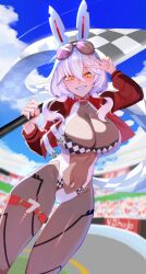 1girl animal_ears blue_sky blush breasts cleavage closed_mouth cloud commentary english_commentary fake_animal_ears flag highres holding holding_flag large_breasts looking_at_viewer rabbit_ears race_flag race_queen short_hair sky smile solo timu4274 virtual_youtuber vshojo yellow_eyes zentreya zentreya_(cyborg)