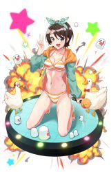 1girl angrykuma bikini bird black_hair blue_eyes blue_jacket breasts commentary_request cropped_jacket duck explosion hair_ribbon highres hololive jacket kneeling medium_breasts official_alternate_costume oozora_subaru oozora_subaru_(hololive_summer_2019) polka_dot polka_dot_ribbon ribbon short_hair striped_bikini striped_clothes subaru_duck swept_bangs swimsuit virtual_youtuber yellow_bikini