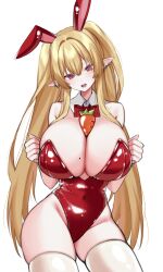 1girl absurdres animal_ears bare_shoulders between_breasts blonde_hair bow bowtie breasts carrot cleavage commission covered_navel cowboy_shot detached_collar duurumi earrings fake_animal_ears highleg highleg_leotard highres huge_breasts jewelry leotard long_hair looking_at_viewer mole mole_on_breast object_on_breast open_mouth original playboy_bunny pointy_ears rabbit_ears red_eyes red_leotard simple_background skindentation solo strapless strapless_leotard thighhighs thighs two_side_up very_long_hair white_background white_thighhighs