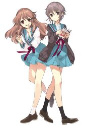 2girls asahina_mikuru black_socks blue_sailor_collar blue_skirt book brown_cardigan brown_eyes brown_hair cardigan full_body grey_hair highres holding holding_book ito_noizi kita_high_school_uniform long_hair long_sleeves looking_at_viewer multiple_girls nagato_yuki official_art open_cardigan open_clothes open_mouth pleated_skirt red_ribbon ribbon sailor_collar school_uniform second-party_source serafuku shirt short_hair skirt smile socks suzumiya_haruhi_no_yuuutsu white_background white_shirt white_socks winter_uniform