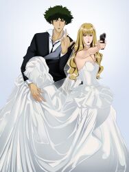 Rule 34 | absurdres, blonde hair, blue eyes, brown eyes, couple, cowboy bebop, curly hair, dress, formal clothes, green hair, gun, highres, julia (cowboy bebop), middle finger, spike spiegel, weapon, wedding dress