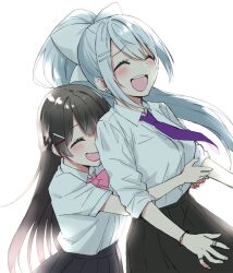Rule 34 | 2girls, ^ ^, black hair, black skirt, blush, bow, bowtie, closed eyes, collared shirt, couple, earrings, grey hair, hair bow, hair ornament, hairclip, happy, highres, higuchi kaede, hijiki (hijikini), hug, hug from behind, jewelry, long hair, multiple girls, necktie, nijisanji, open mouth, pink bow, pink bowtie, pleated skirt, ponytail, purple necktie, raised inner eyebrows, ring, school uniform, shirt, shirt tucked in, short sleeves, simple background, skirt, sleeves rolled up, smile, straight hair, stud earrings, tsukino mito, very long hair, virtual youtuber, white background, white bow, white shirt, wing collar, wristband, yuri