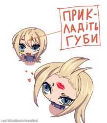 blue_sweater facepaint fur_gloves henna_(hentaiukr) hentaiukr purple_sweater shiny_eyes sticker sweater ukraine ukrainian_flag ukrainian_text winter_gloves