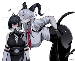 2girls absurdres bent_over black_gloves black_hair black_pants black_tongue blush breasts commentary curled_horns demon_tail female_rover_(wuthering_waves) gloves highres horns kurenaiz_(kuayrenaiz) large_breasts licking licking_another&#039;s_face long_tongue multicolored_hair multiple_girls necktie paid_reward_available pants red_hair red_necktie rover_(wuthering_waves) shirt size_difference streaked_hair tail tongue tongue_out two-tone_hair white_hair white_shirt wuthering_waves yellow_eyes yuri zani_(wuthering_waves)