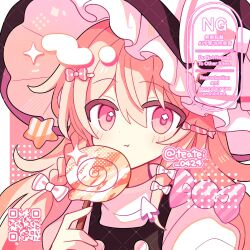 Rule 34 | 1girl, :t, black hat, black vest, blonde hair, blush, bow, braid, candy, closed mouth, commentary, cursor, dot nose, eating, food, frilled hat, frills, hair between eyes, hair bow, hand up, hat, hat bow, highres, holding, holding candy, holding food, holding lollipop, kirisame marisa, lollipop, long hair, looking at viewer, multiple hair bows, pink eyes, portrait, qr code, shirocha tei, shirt, single braid, solo, star (symbol), swirl lollipop, symbol-only commentary, touhou, turtleneck, turtleneck shirt, twitter username, vest, watermark, white bow, white shirt
