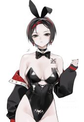 1girl alternate_costume animal_ears breasts crow_(nikke) fake_animal_ears goddess_of_victory:_nikke highres jacket leotard medium_breasts medium_hair multicolored_hair ohisashiburi playboy_bunny rabbit_ears simple_background solo streaked_hair tattoo two-sided_fabric two-sided_jacket white_background
