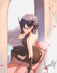 1girl back_tattoo bare_back black_dress black_gloves black_thighhighs blue_hair breasts caera_denoir castle closed_mouth dress falling_petals gloves hand_up highres horns large_breasts long_hair looking_at_viewer noomuaz petals red_eyes serious signature sitting sleeveless sleeveless_dress solo tattoo the_beginning_after_the_end thighhighs thighs