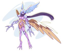 armor belt blue_hair claws dark-skinned_female dark_skin digimon digimon_(creature) feathered_wings head_wings highres mask oc_kitten scarf short_hair shutumon simple_background white_background wings