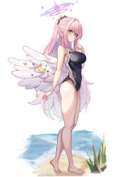 1girl absurdres angel_wings bare_shoulders black_one-piece_swimsuit blue_archive blush breasts closed_mouth competition_school_swimsuit crescent feathered_wings halo hidel highres large_breasts long_hair low_wings mika_(blue_archive) one-piece_swimsuit pink_hair pink_halo school_swimsuit simple_background solo swimsuit thighs trinity_general_school_swimsuit white_background white_wings wings yellow_eyes