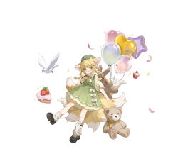 1girl absurdres alternate_costume animal_bag animal_ears arknights backpack bag balloon bird black_shoes blush braid dress fang fox_ears fox_girl fox_tail green_dress green_eyes green_hat hat heart_balloon highres kitsune kyuubi long_hair medium_dress multiple_tails open_mouth shio_(shiofeifei) shoes short_dress short_sleeves simple_background skin_fang socks solo star_balloon stuffed_animal stuffed_toy suzuran_(arknights) tail teddy_bear twin_braids white_background white_socks