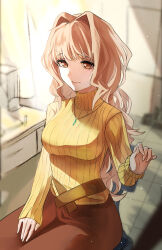 1girl absurdres breasts brown_dress brown_eyes brown_hair dress hair_intakes highres jinguuji_marimo long_hair looking_at_viewer muv-luv muv-luv_alternative ribbed_sweater sitting smile solo sweater takasata_takina yellow_sweater
