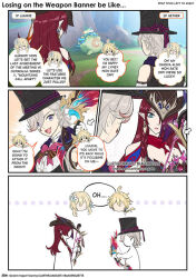 Rule 34 | aether (genshin impact), artist name, blue eyes, bow, chasca (genshin impact), clarthelunagate, dialogue box, english text, genshin impact, grey hair, hat, jewelry, kongamato (genshin impact), lumine (genshin impact), lyney (genshin impact), pointy ears, red hair, signature, top hat, yumkasaurus (genshin impact)