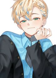 Rule 34 | 1boy, 2r 2i n, absurdres, arm up, black jacket, blonde hair, blue shirt, blush, buttoned cuffs, buttons, closed mouth, collared shirt, earrings, hair ornament, hairpin, head rest, hibachi mana, highres, jacket, jacket partially removed, jewelry, layered sleeves, light smile, long sleeves, male focus, multicolored eyes, multicolored hair, nijisanji, shirt, short hair, simple background, single earring, sleeves past wrists, solo, streaked hair, stud earrings, upper body, virtual youtuber, white background, wing collar