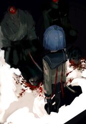 1girl 2boys ashashio ayane_ichijou black_suit blood blood_splatter blue_hair corpse decapitation formal_clothes highres japanese_clothes katana minato_kageaki multiple_boys nitroplus school_uniform serafuku short_hair skirt soukou_akki_muramasa suit sword weapon