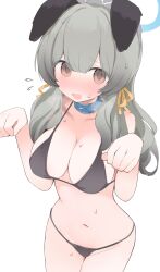 1girl animal_ears black_kimono blue_archive blue_collar blue_halo blush breasts brown_eyes cleavage collar commentary dog_ears dog_girl flying_sweatdrops grey_hair hair_ribbon halo hands_up highres hone_kawa japanese_clothes kimono large_breasts long_hair looking_at_viewer navel nose_blush open_mouth paw_pose ribbon simple_background solo thighs umika_(blue_archive) white_background yellow_ribbon