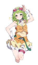 &gt;:) 1girl arm_up bare_shoulders blush brown_skirt closed_mouth cropped_legs goggles goggles_on_head green_eyes green_hair gumi hand_on_own_hip highres ikeuchi_tanuma orange_vest pleated_skirt simple_background skirt smile solo sparkle v-shaped_eyebrows vest vocaloid white_background wrist_cuffs