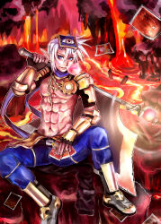 1boy abs armor axe black_gloves blowing_bubble_gum blue_eyes blue_pants book book_on_lap card cave_interior chain chain_necklace chewing_gum commentary_request elbow_gloves fingerless_gloves full_body gloves grin highres holding holding_axe jewelry lava looking_at_viewer male_focus mechanic_(ragnarok_online) muscular muscular_male navel necklace pants pauldrons pointy_ears ragnarok_online rideword_(ragnarok_online) short_hair shoulder_armor shrug_(clothing) sitting smile solo vambraces yukimushi