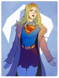 1girl andrei_(shidanasu) blonde_hair blue_background blue_eyes border brown_jacket commentary dc_comics english_commentary highres jacket long_hair long_sleeves looking_at_viewer miniskirt open_clothes open_jacket open_mouth red_skirt skirt solo supergirl superman_(2025) superman_(series) white_border