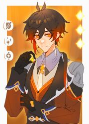 1boy absurdres dice genshin_impact highres holding holding_dice male_focus portrait ppttlyr smile solo zhongli_(genshin_impact)